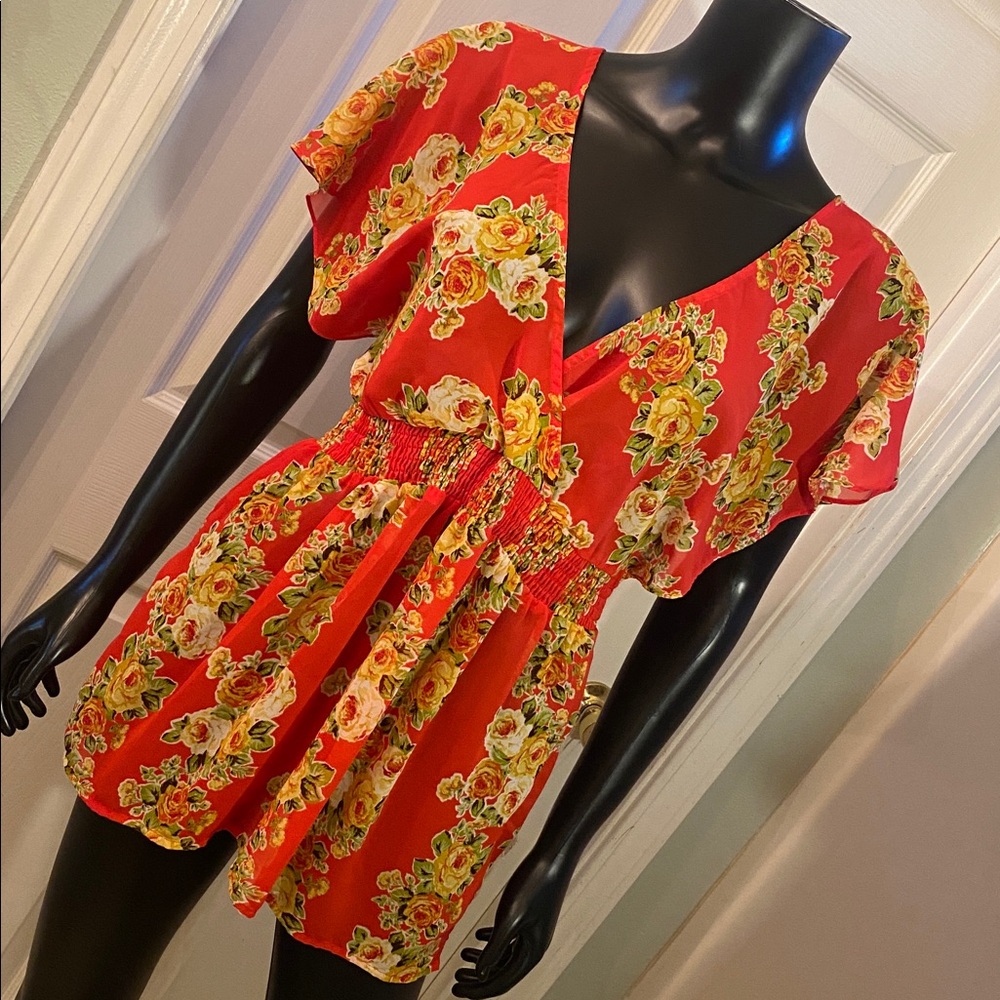 Forever 21 Red Floral Print Sheer Top
